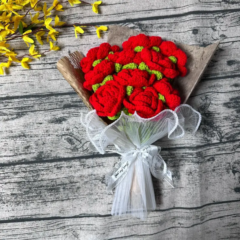 Crochet Rose Bouquet, 1 Count Artificial Flower Bouquet, Decorative Flower for Home Living Room Bedroom Dining Room Wedding Party, New Year Gift, Valentine's Day Gift 6