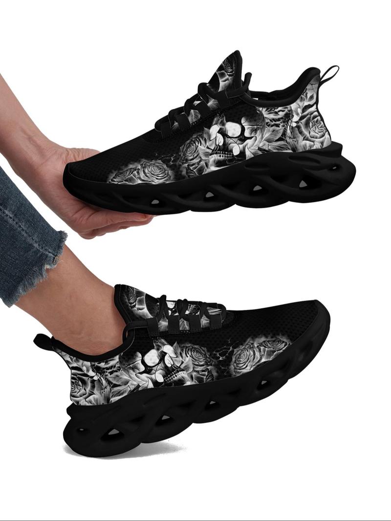 Product Introduction of Women's Trainers, Fashionable Skull & Floral Print Lace Up Low Top Sneakers, Casual Comfortable Blade Soles Sports Shoes, All-match Round Toe Chunky Sneakers for Daily 13