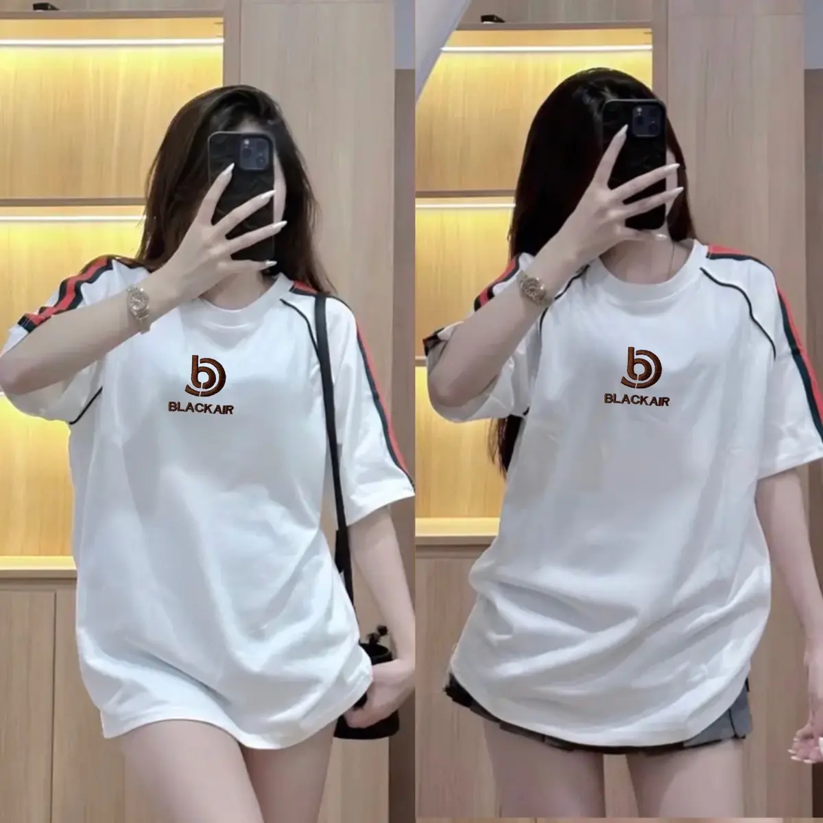 Áo phông cotton khô 3158  phối basics sọc tay đỏ xanh thêu chữ form rộng Top NAM Nữ