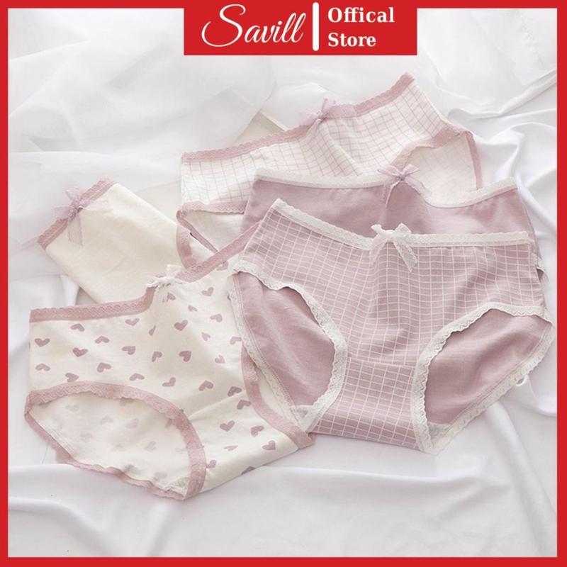 Quần Lót Nữ Màu Tím Xinh Xắn, Quần Lót Cotton Không Lộ Viền Họa Tiết Trái Tim Dễ Thương  Savill L110 Women ngắn 1