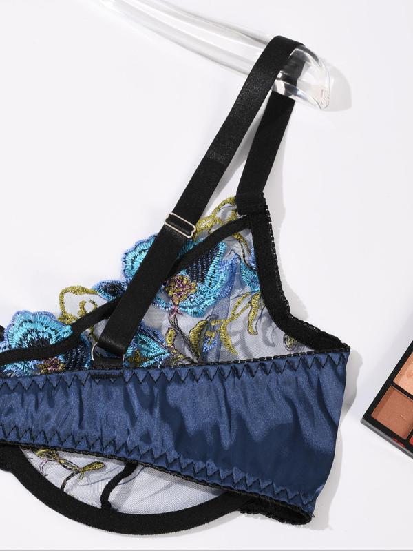 Plus Size Floral Embroidery Contrast Lace Push Up Bra & Bow Decor Panty & Garter Belt Set, Sexy Lingerie Set for Women, Women's Lingerie & Underwear 3