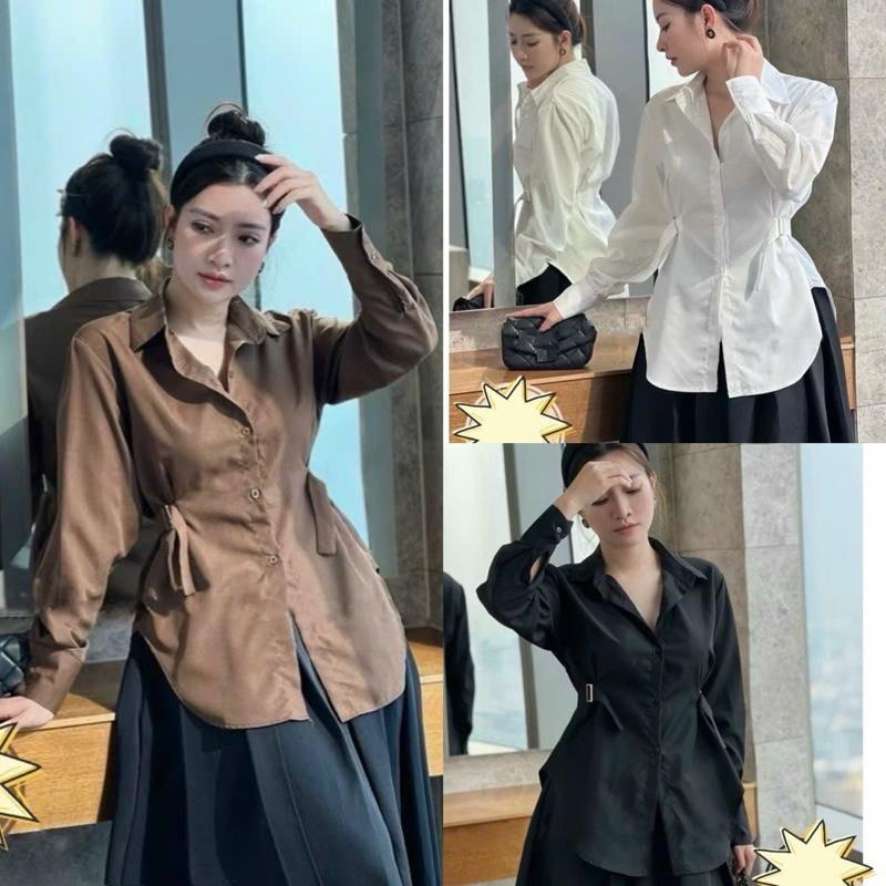(Bigsize 60kg-95kg) Áo sơ mi tay dài thắt eo hai bên - phong cách thanh lịch - có hai khóa hai bên eo - vải cotton lạnh ko co giãn -3 màu