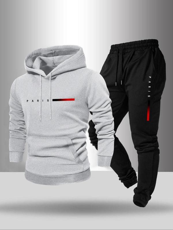 Men's Letter Print Drawstring Hoodie & Pocket Sweatpants Two-piece Set, Casual Long Sleeve Hooded Top & Jogger Pants for Fall & Winter, Men's Two-piece for Daily Wear, Mens Paris Tracksuit, Winter Outfits, 2000s Streetwear Outfits 2