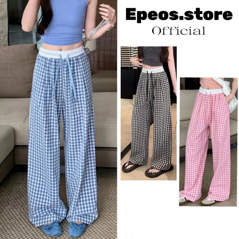 Quần caro Cạp Phối Trắng ống rộng- Quần dài ống suông hoạ tiết kẻ Caro cạp chun dây rút hottrend quần  sọc