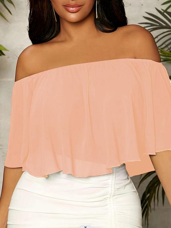 Women's Plain Off Shoulder Ruffle Trim Chiffon Crop Blouse, Elegant Butterfly Sleeve Top for Summer, Ladies Clothes for Daily Vacation Outdoor Wear 0