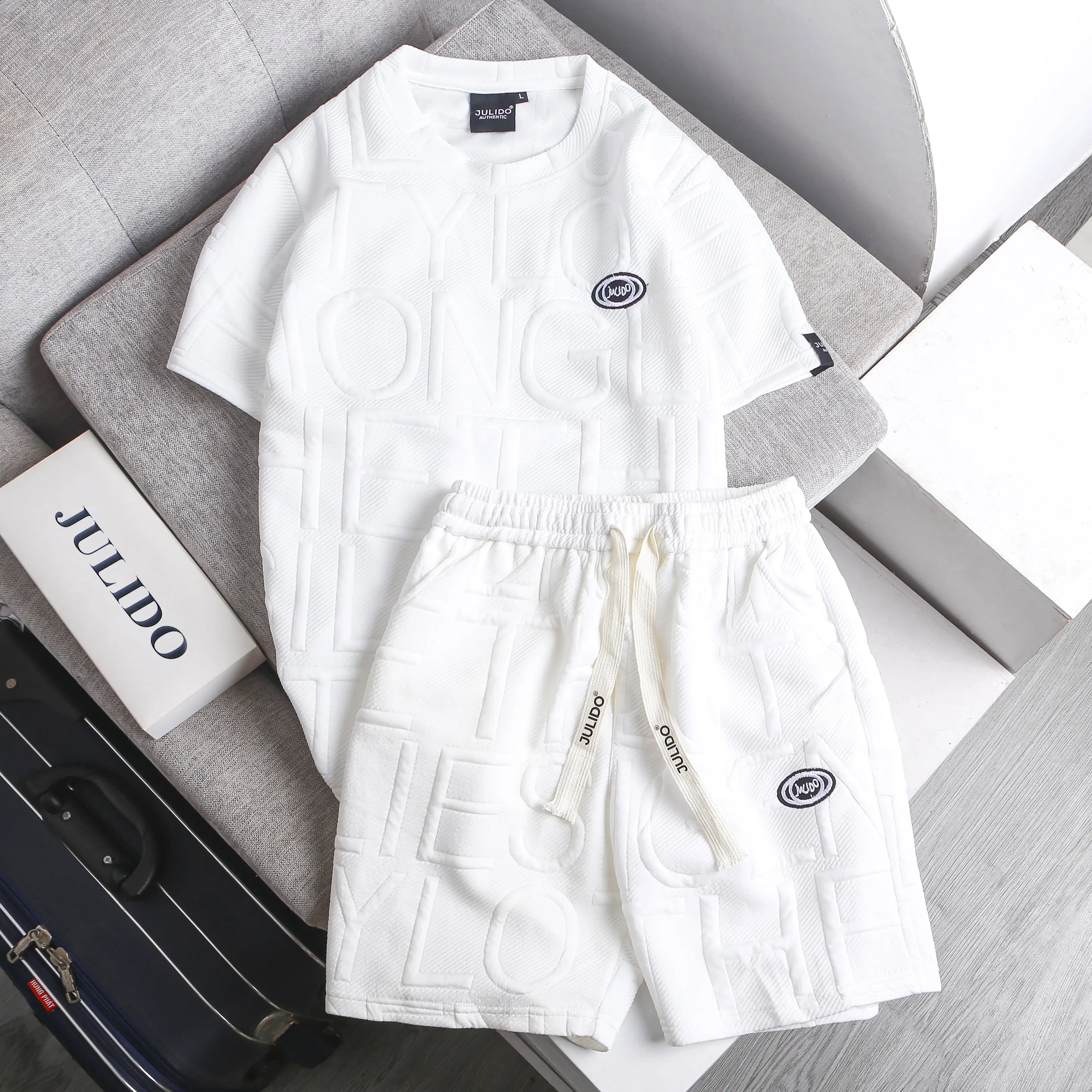Bộ quần áo nam nữ JULIDO, chất vải xốp hình kẻ sọc mua hè logo thêu Tay ngắn Menswear đen l thường - 1