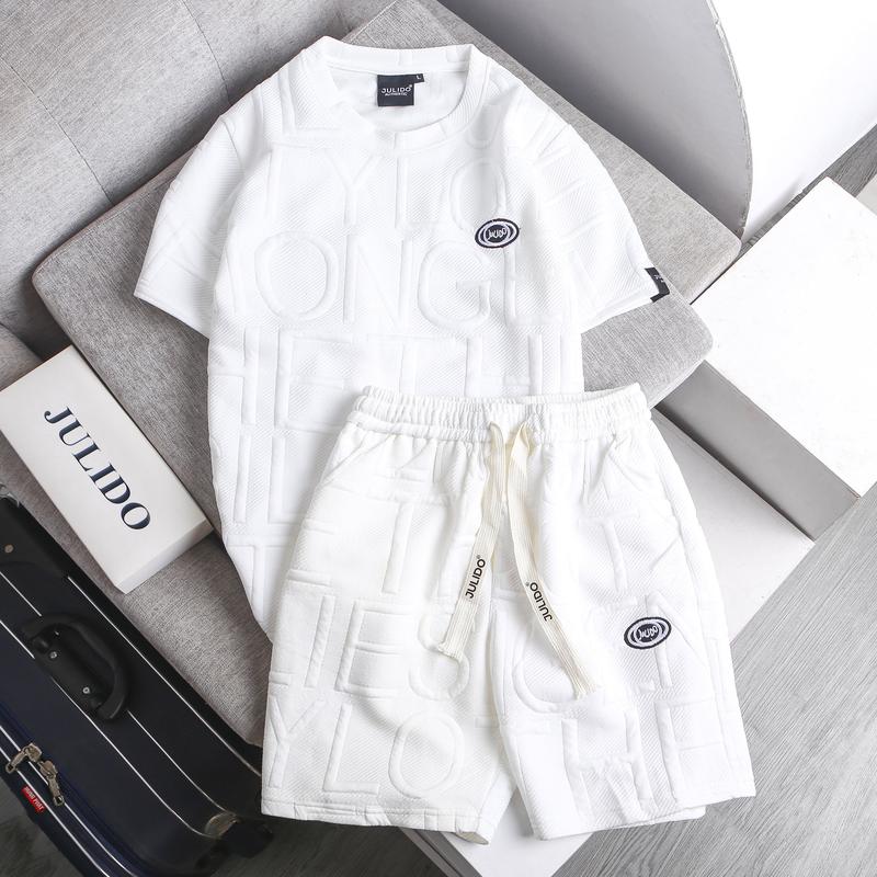 Bộ quần áo nam nữ JULIDO, chất vải xốp hình kẻ sọc mua hè logo thêu Tay ngắn Menswear đen l thường