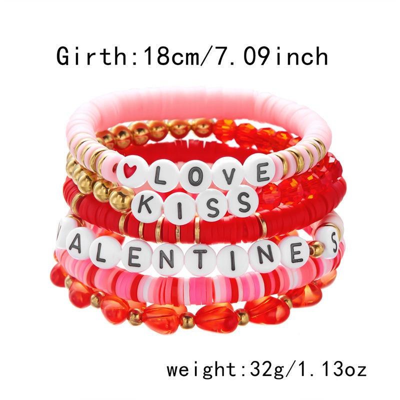 Product Introduction of Europe and America Cross Border Valentine's Day Bracelet Multi-Layer Twin Pink Love Pendant Bracelet Polymer Clay Beaded Stretch Bracelet 3
