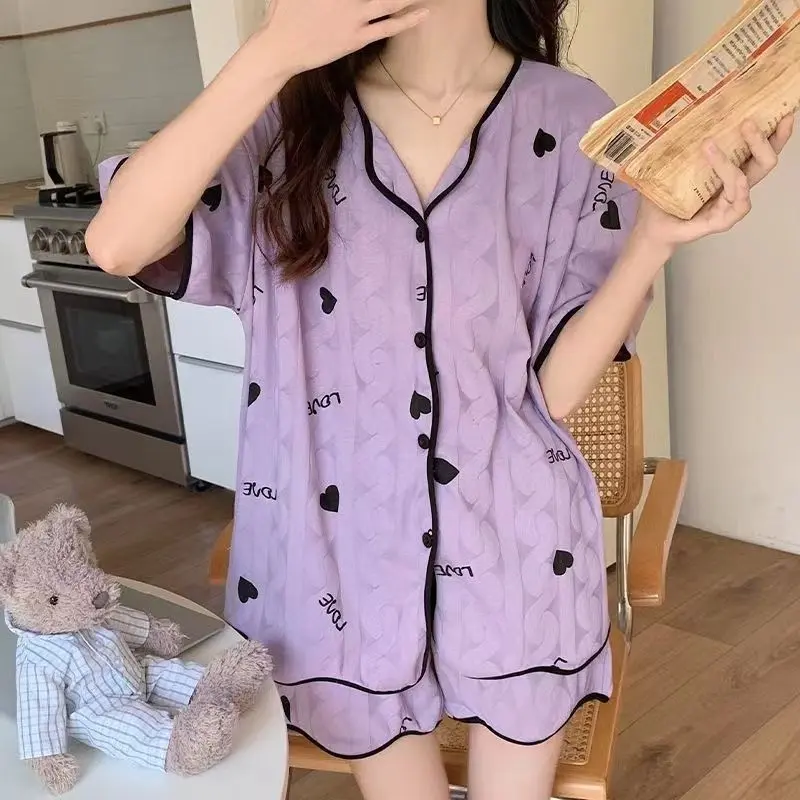Bộ Đồ Ngủ Mùa Hè Cho Nữ, Phong Cách Mới, Áo Cardigan, ngắn Tay, Mỏng, Trái Tim Màu Tím, Bộ Đồ Mặc Nhà, Thích Hợp Cho Mùa Xuân Và Mùa Hè, Năm 2025