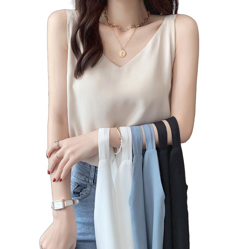 Áo Vest Hai Dây Voan, Dành Cho Nữ, Cổ Chữ V, Hai Lớp, Dáng Rộng Vừa Vặn, Màu Trắng, Thích Hợp Đi Làm, Áo Đáy, Năm 2024 Top Women