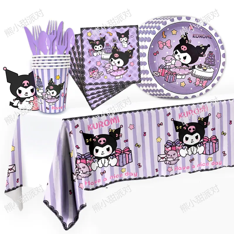 Bekalan Parti, Sanrio Kuromi dan Melodi Saya, Pinggan Kertas dan Cawan, Hiasan Parti Hari Jadi Perempuan, Hiasan Kek Sepanduk, Set Pinggan Makan Pakai Buang Ungu