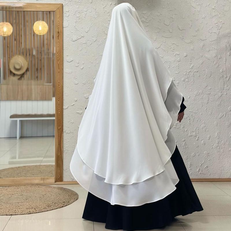 Product Introduction of Hot Sale Middle East Muslim Headscarf Solid Color Chiffon Front and Rear Double Layer Gown Hijab Khimar Msl161 2