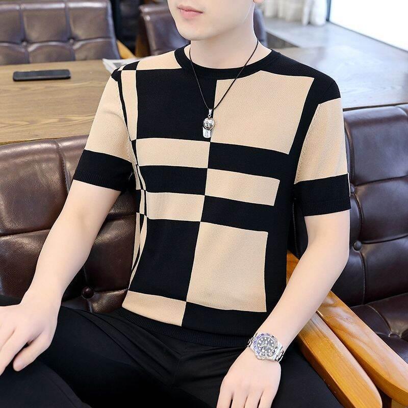 Product Introduction of High-End Ice Silk Short Sleeve T-Shirt Men's Slim Fit round Neck Youthful Summer Casual Shirt Thin Fabric Collision Color 2