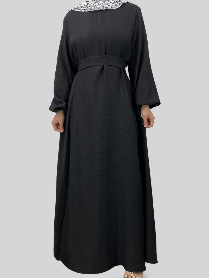 Product Introduction of Women's Solid Color Tie Waist Abaya Dress, Modest Long Sleeve Round Neck Dress for Daily Wear, Ladies Islamic Clothing for All Seasons 2
