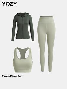 YOZY Three-piece Set Women's Solid Zip Up Jacket & High Waist Leggings & Crop Tank Top Tracksuit Set, Casual Breathable Comfy Outfits for Daily Wear, Ladies Clothes for All Seasons