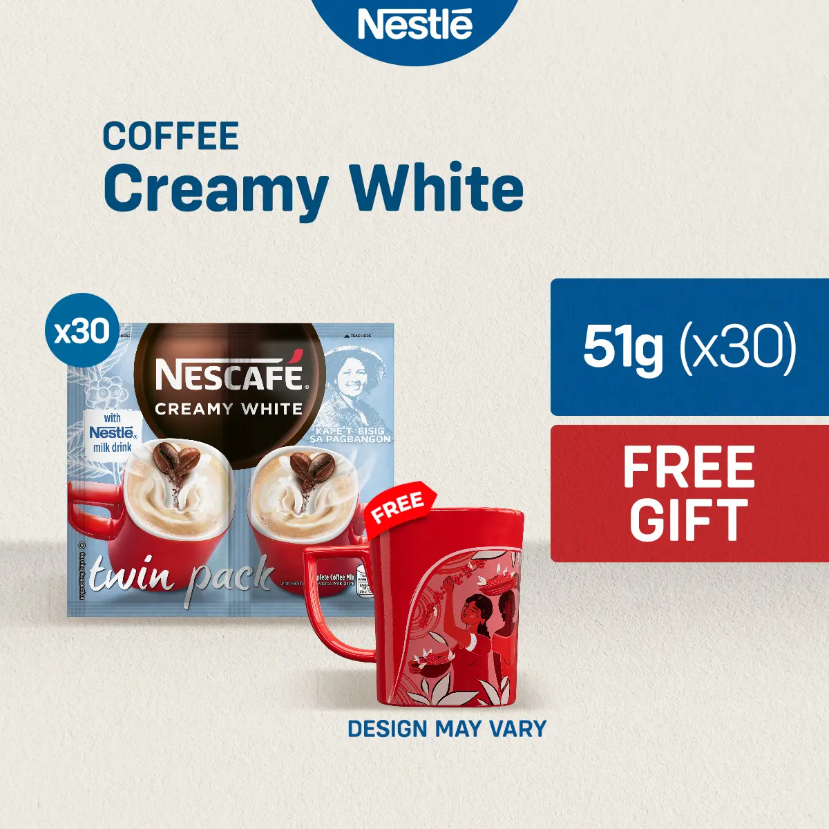 [FREE MUG] Nescafe Creamy White 3-in-1 Coffee Twin Pack 51g - Pack of 30