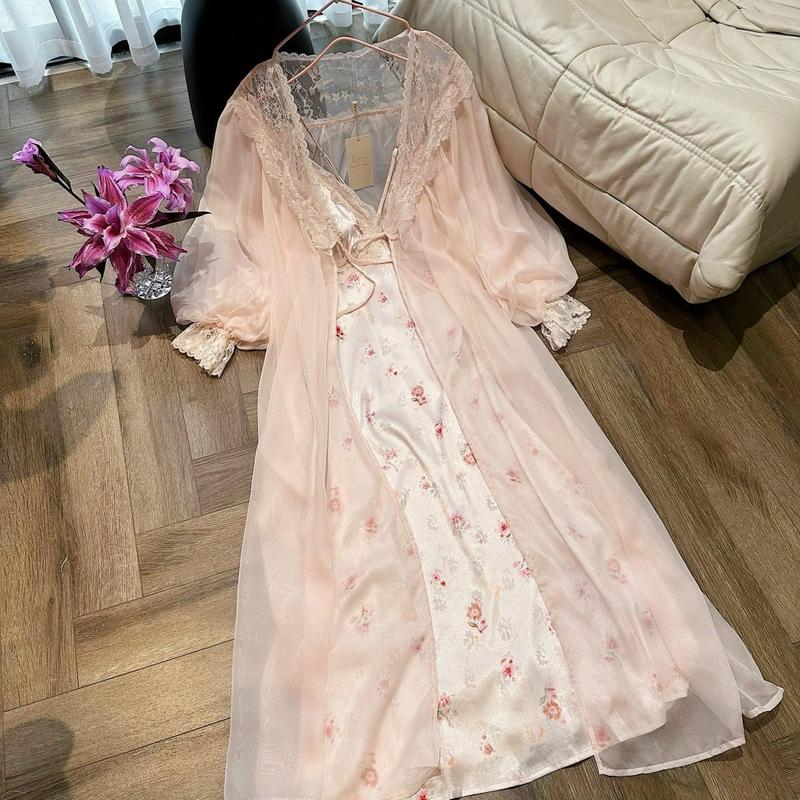 Sét choàng Lyly dáng dài lụa cao cấp kèm áo choàng ren tay bồng - M4020 Kem Nữ Women Màu Hồng Ren Chỉ giặt tay bi dam