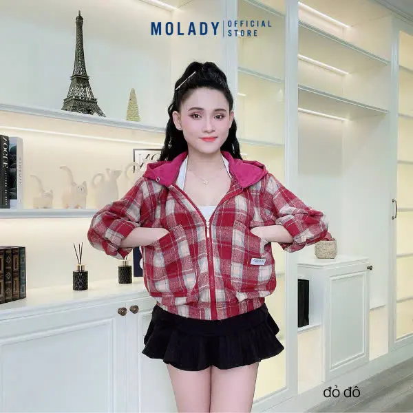 Áo Khoác Nỉ MOLADY K23 Thiết Kế Họa Tiết Caro Nón To Chống Nắng Tốt Top Jacket Jackets & Coats