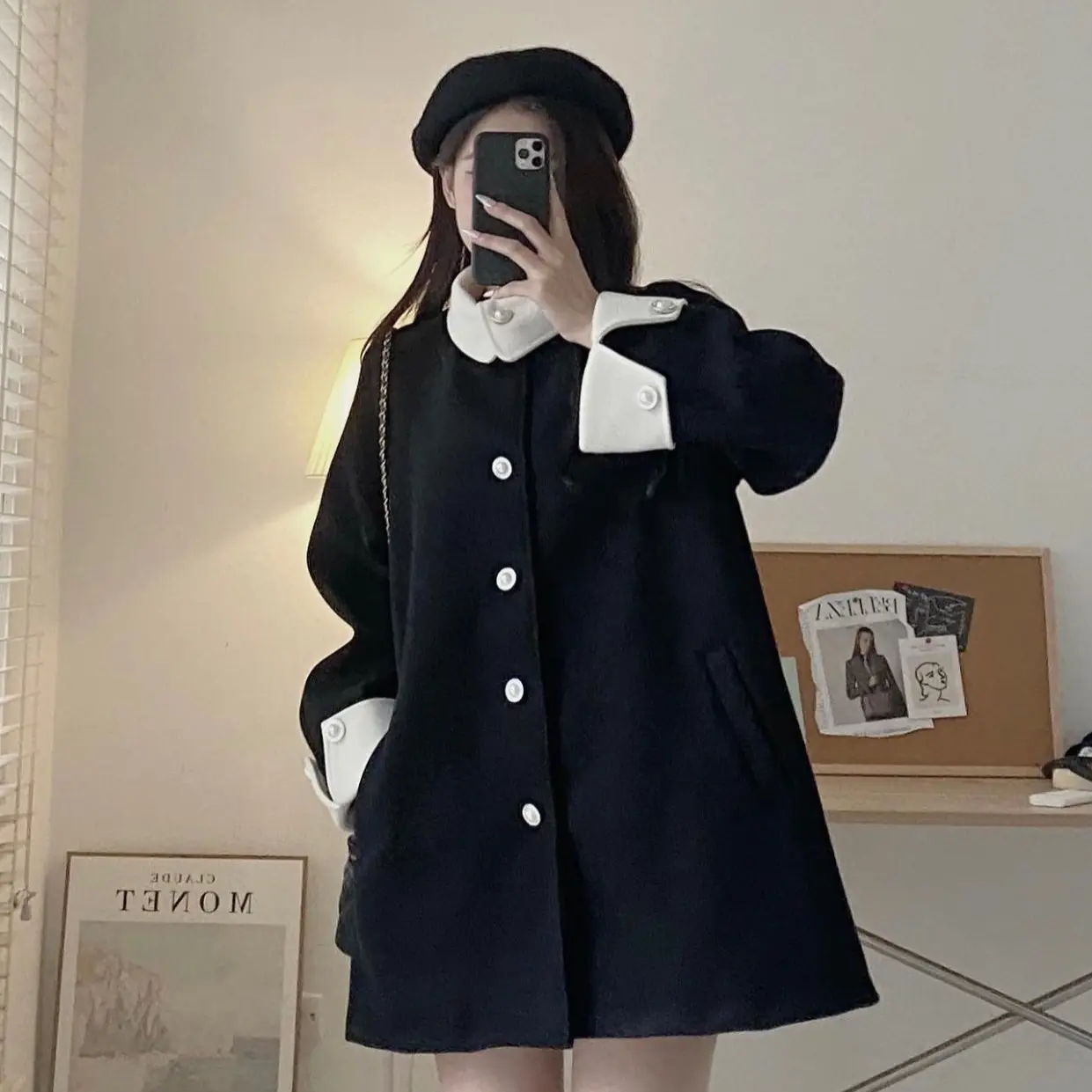 [NEW]ÁO KHOÁC DẠ DÁNG SUÔNG CỔ MẶC 2 KIỂU CÚC NGỌC PHỐI MÀU TIỂU THƯ