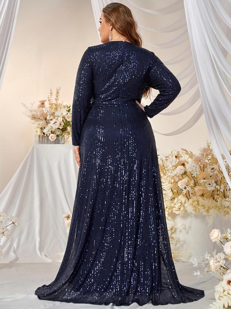 Product Introduction of Plus Size Wrap V Neck Glitter Sequins Formal Dress, Summer Clothes, Elegant Long Sleeve V Neck Split Evening Party Gown, Women's Bridesmaid Dresses 7
