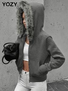 YOZY Women's Plain Zip Up Contrast Faux Fur Trim Hooded Coat, Casual Drop Shoulder Long Sleeve Pocket Outerwear for Fall & Winter, Ladies Clothes for Daily Wear