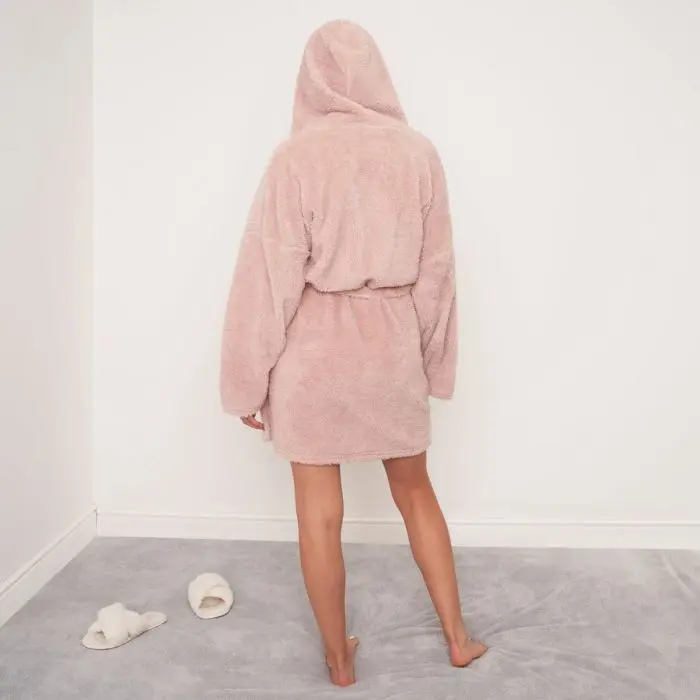 Fluffy Teddy Hooded Dressing Gown - Blush 1