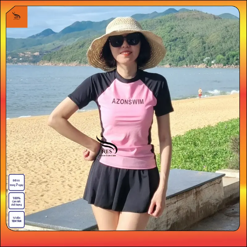 NES Bikini Bộ váy bơi 2 mảnh áo phối hồng in chữ ngắn tay, chân váy có quần short bảo hộ bên trong kín đáoTNS 071 - chất liệu thun 4 chiều, co giãn cao, kháng khuẩn, UPF 50+ 2