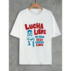 メンズ100%コットンプリントTシャツ - 面ホワイトさい「ルチャリブレ」レスラーデザイン、カジュアルなラウンドネック、半袖、オールシーズン着用可能、白とミンるいトーン、光沢のあるのある質感の大人向けけプリントTシャツ、レスリングをテーマにしたTシャツ