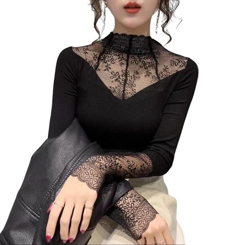 Áo giữ nhiệt lót lông phối cổ ren áo len lót lông ấm áp free size Top Nữ Women