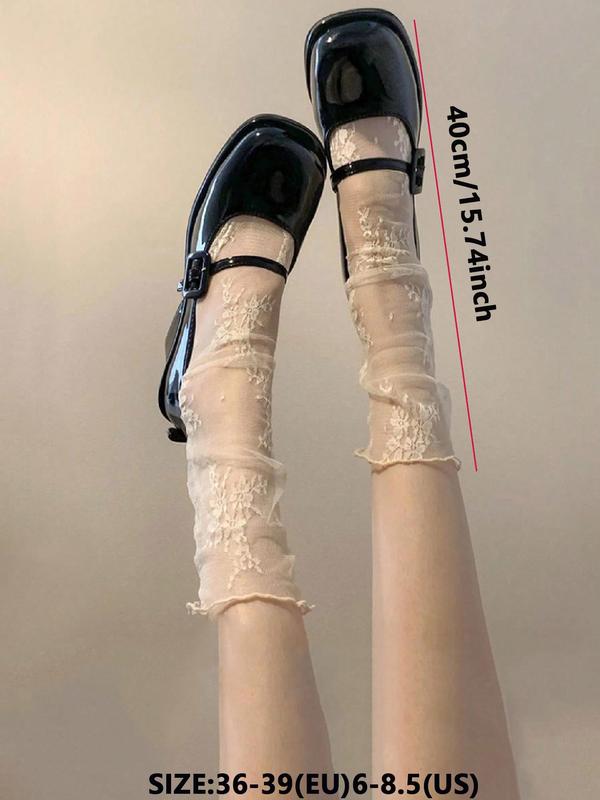 Women's 2 Pairs Sheer Floral Jacquard Knitted Mesh Crew Socks, Casual Summer Romantic Comfy Breathable Socks for Daily Outdoor Wear, Women Socks for Summer 1