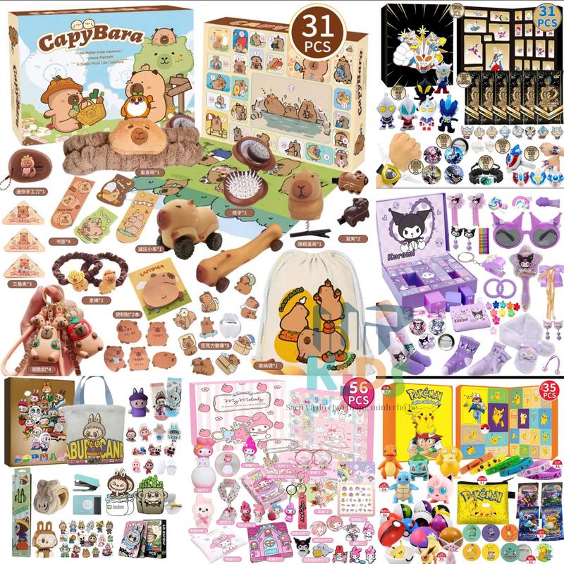 Đồ chơi blind box hộp mù full set mô hình Kuromi, pokemon, Capybara, Labubu, Pony, Melody, Siêu nhân