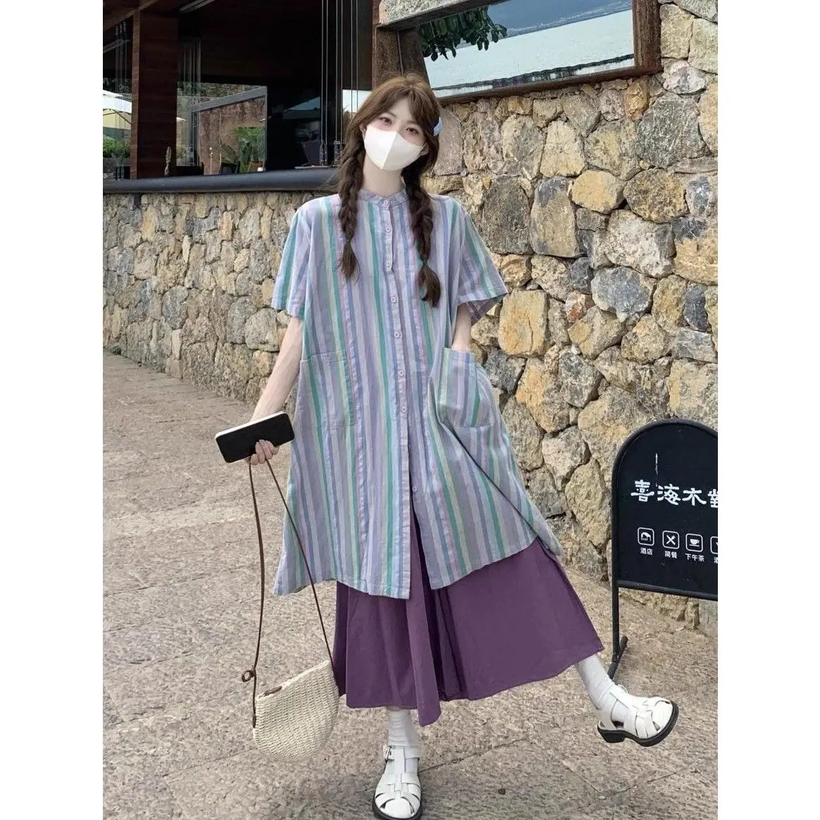 Trang Phục Thanh Lịch Cổ Điển Bộ Hai Mảnh Áo Sơ Mi Sọc Dài Trung Bình Quần Thường Ngày Dáng Rộng Mùa Hè Cho Nữ, Quần Dài, 2024