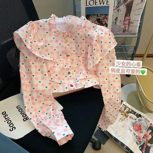 เสื้อเชิ้ต ลายสก็อต สำหรับผู้หญิง พิมพ์ลายหัวใจสีชมพู ฤดูใบไม้ผลิ/ฤดูร้อน 2024 ดีไซน์ใหม่และน่ารัก เสื้อสั้นเก๋ไก๋ Niche Lady Women Clothing