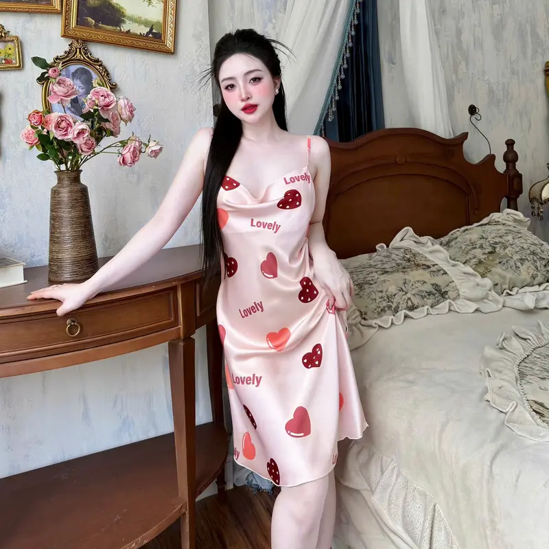 Đầm Ngủ Hai Dây Cổ Đổ Hoạ Tiết Dễ Thương Chất Liệu Lụa Latin Nhẹ Mát S1296 8