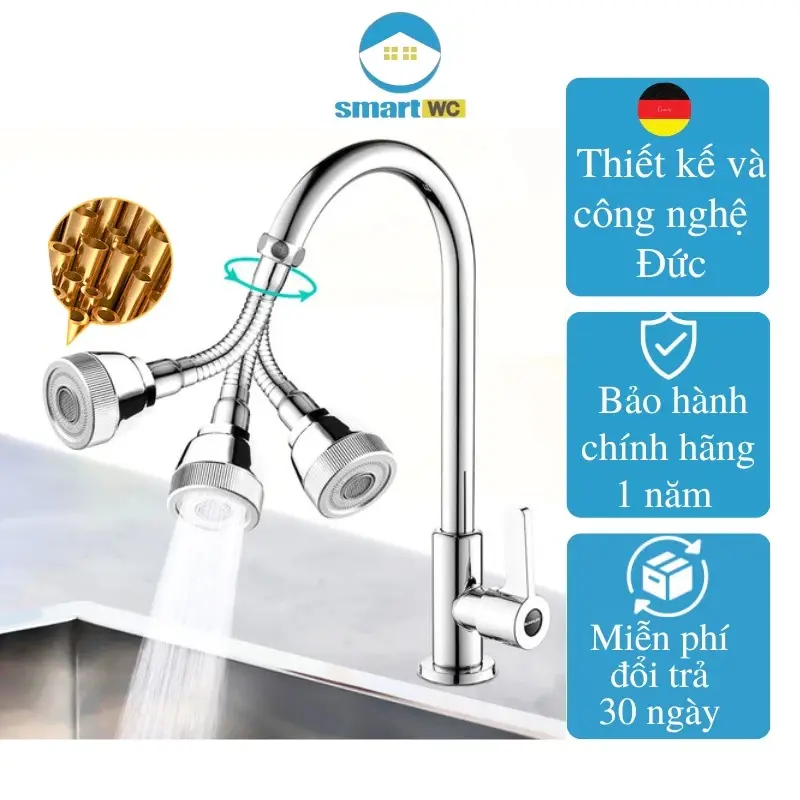 Đầu vòi rửa bát tăng áp Inox xoay 360 độ Suninlife bảo hành 1 năm