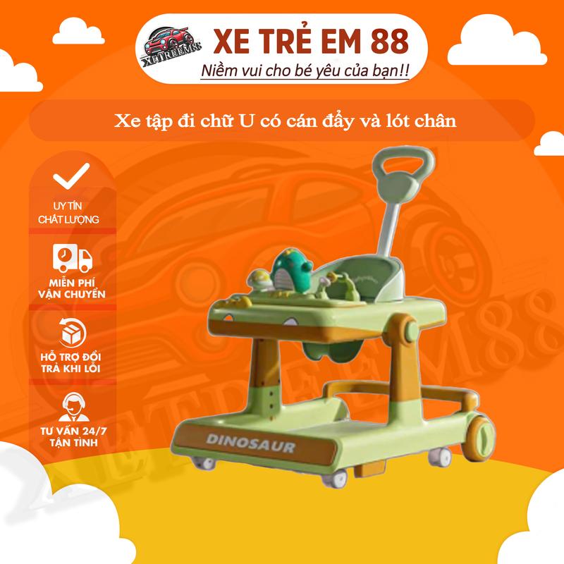 Xe tập đi chữ U CÓ CÁN ĐẨY VÀ LÓT CHÂN CON KHỦNG LONG đa chức năng có nhạc đèn Chuột Cho Bé