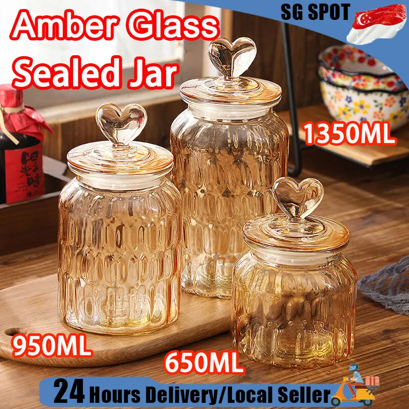 [SG Ready Stock]Glass airtight jar Container Home Kitchen Food Transparent Amber Candy Bottle Large Storage Bottle