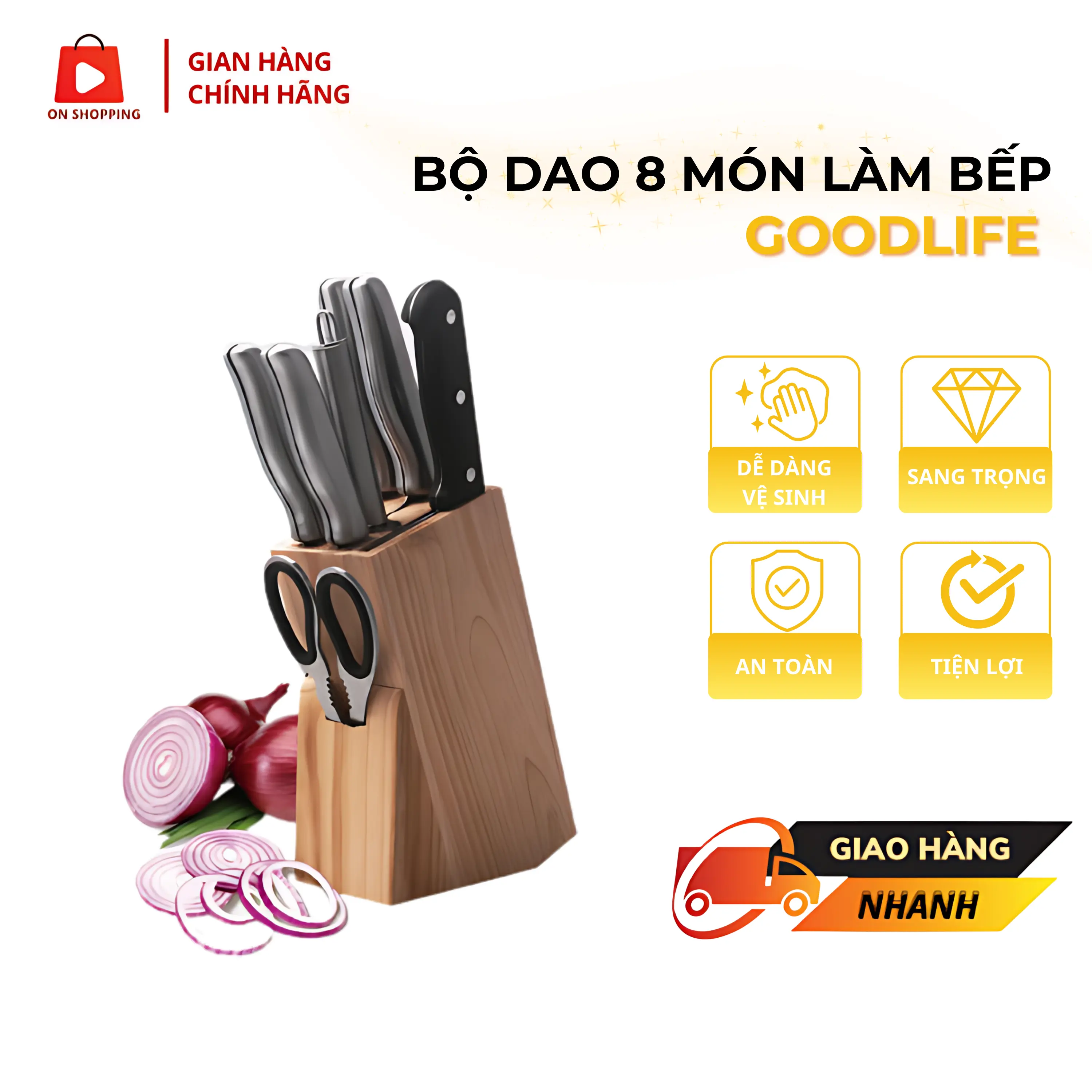 Bộ Dao GOODLIFE 8 Món Làm Bếp Đế Gỗ ON SHOPPING TV