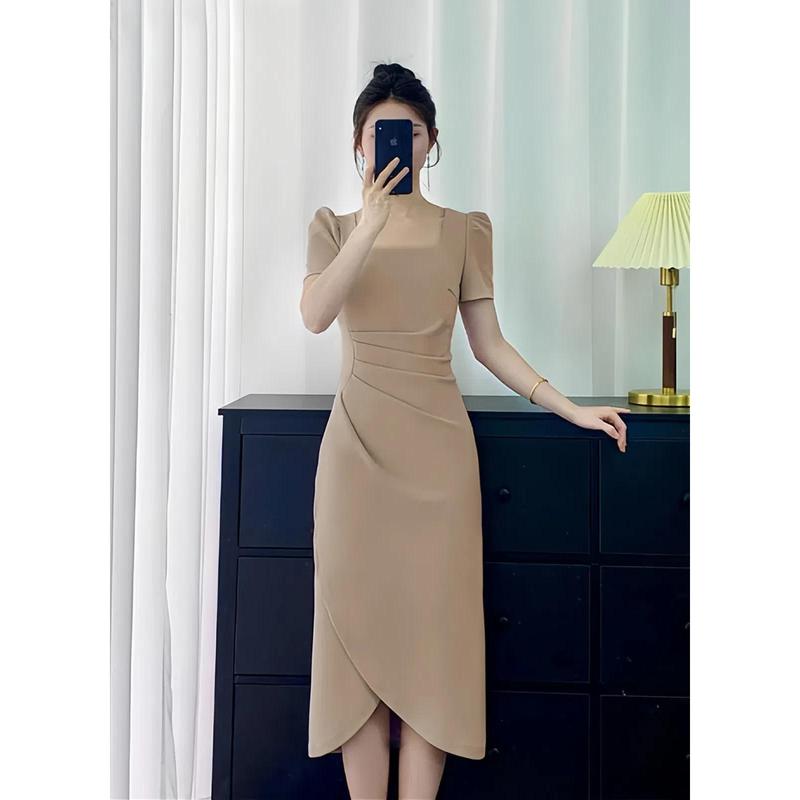 3325 Đầm tay ngắn cổ vuông trơn màu hạnh nhân dáng dài đầm corset hack dáng dạ hội tiệc cưới sang trọng