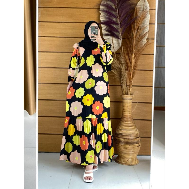 Gamis rayon motif cantik Dress rayon motif bunga Gamis rayon kekinian Dress busui kekinian Gamis rayon busui 4
