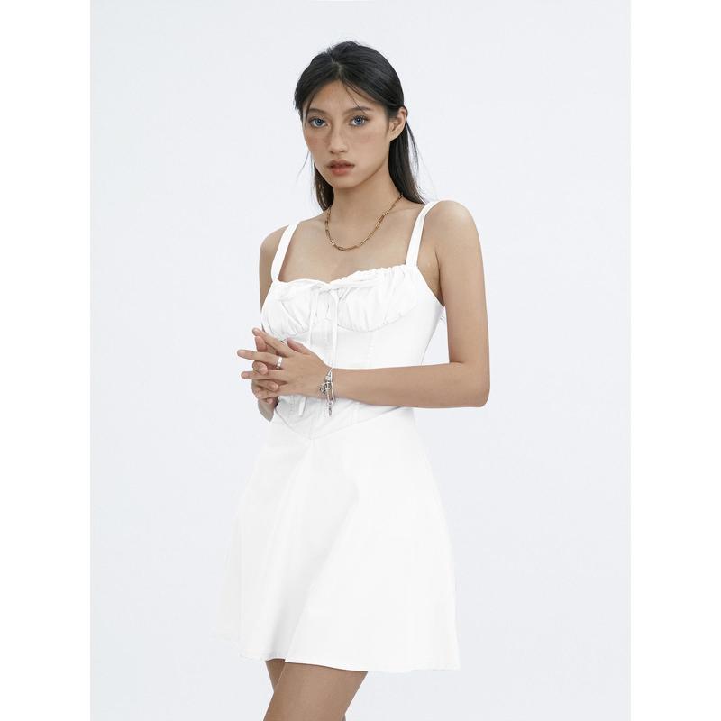 Product Introduction of SUPER-Women Summer Solid Color Tie-Up Fishbone Corset Waist Shaping Sleeveless Short Dress 41