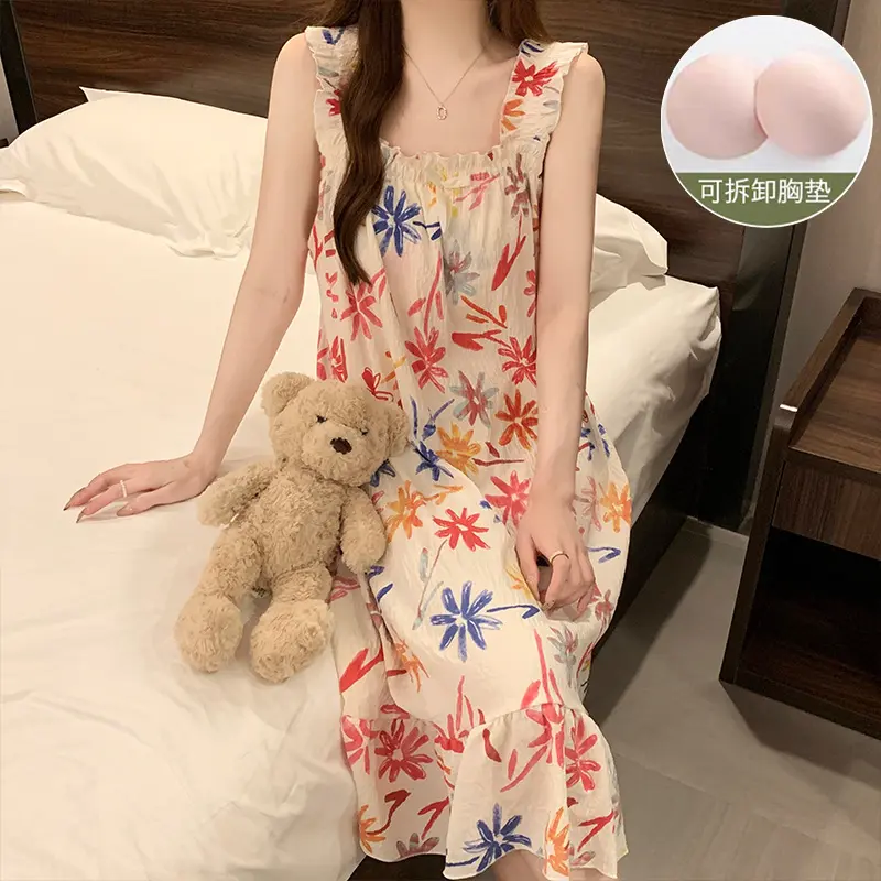 New summer camisole loose plus size sexy pajamas for women with chest pads and anti protrusion sleeping skirts for home wear