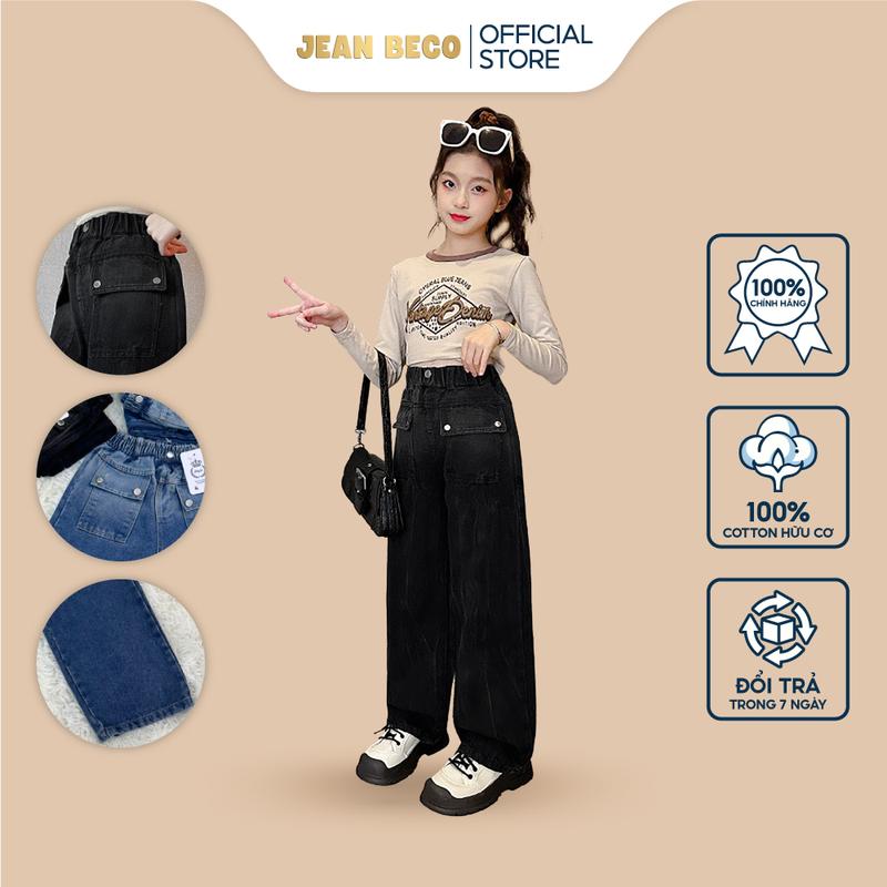 Quần jeans cho bé gái JEANBECO, quần jean bò dáng suông ống rộng màu đen Hàn Quốc từ 15kg-40kg QD07