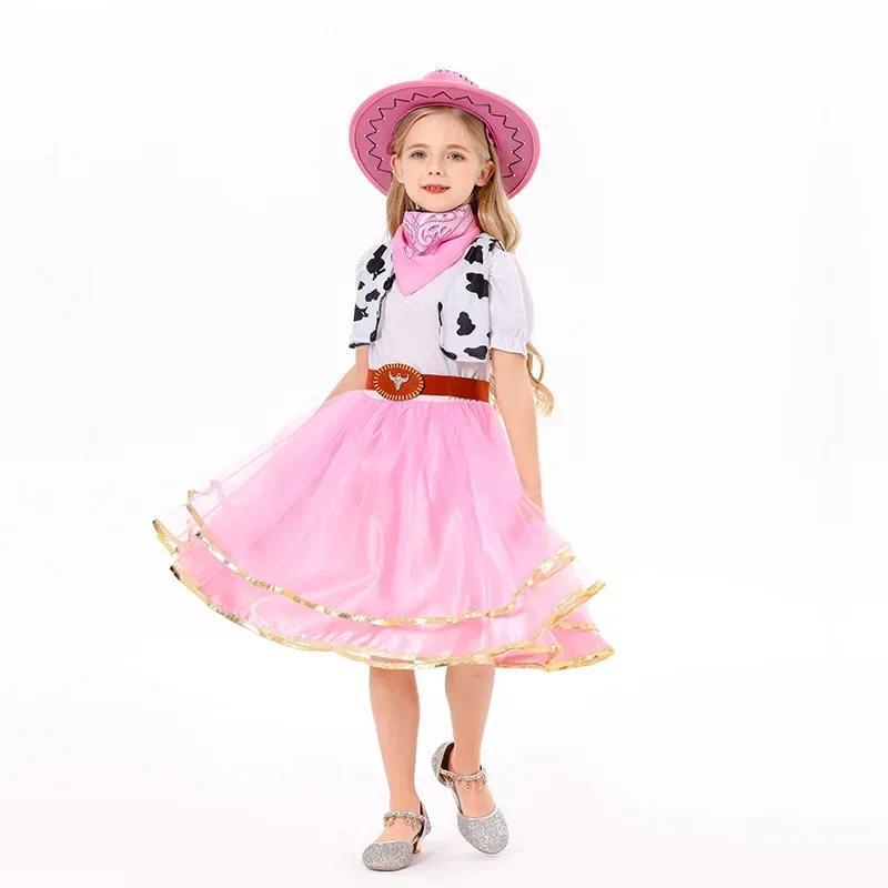 Product Introduction of Halloween New  Anime Cosplay Western Cowboy Outfit Children's Holiday Party Girls Dress Costume Cowboy Hat 5