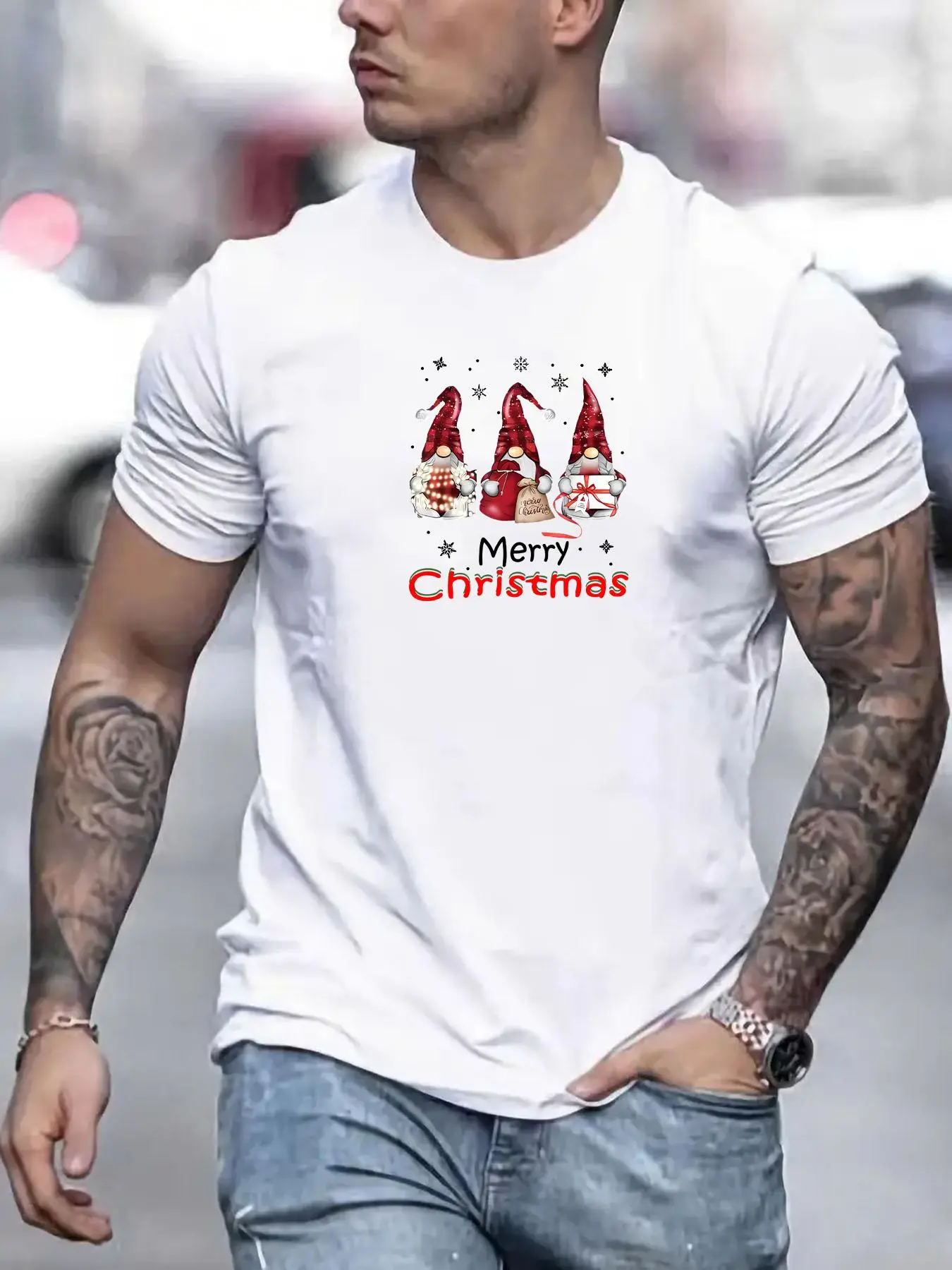 Men's Cartoon Christmas Print Round Neck Tee, Regular Fit Casual Short Sleeve T-shirt for Daily Wear, Men's Top for Summer