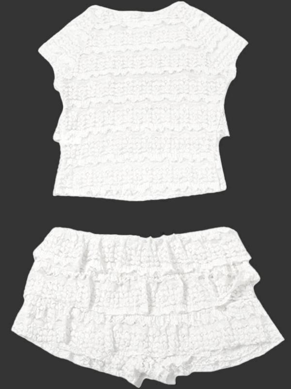 "2025 Trendy Women's Ruffle Trim Crop Top & Tiered Shorts Set - Casual Summer Outfit for Daily Wear & Rave Parties" Clothes Womenswear Suits Comfort Basic Minimalist Yellow 8