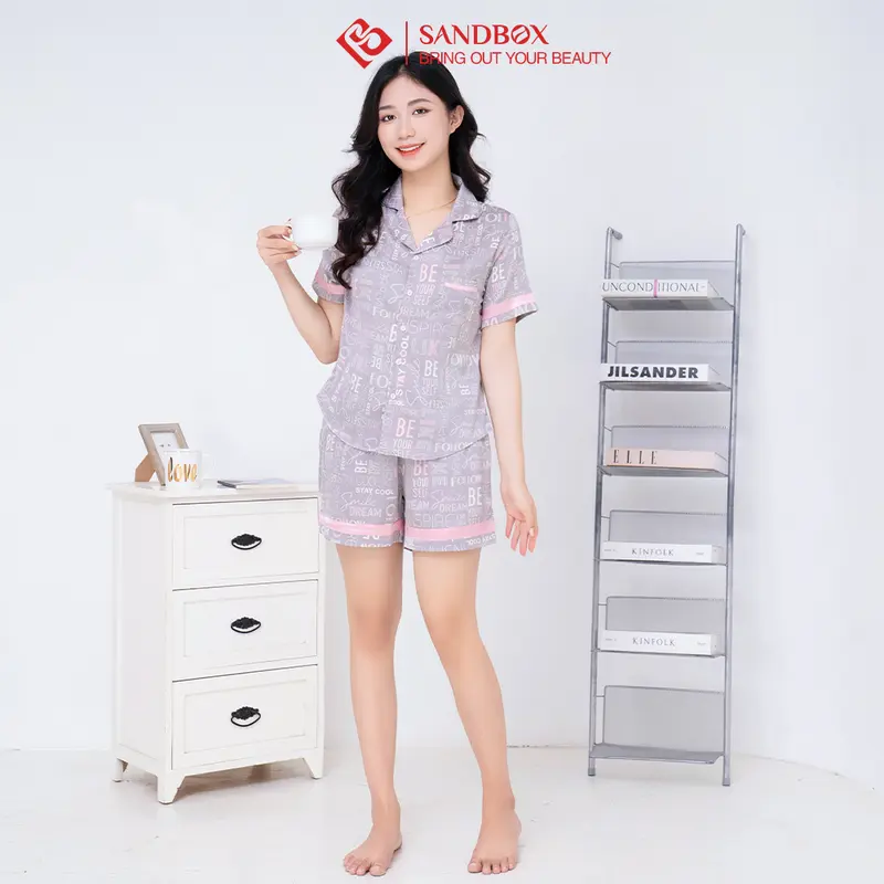Bộ mặc nhà nữ SANDBOX bộ Pijama ngắn tay quần đùi chất lụa mềm mại, trẻ trung BLD23004 -2 Nhung Áo Ngủ Quần Ngủ Women Nho 6