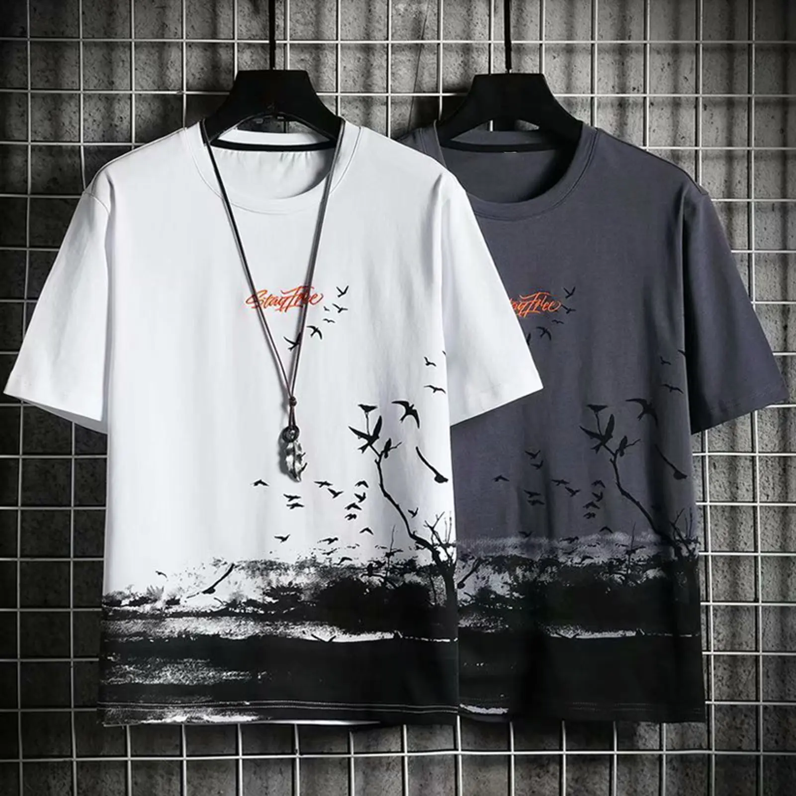 [Chi] Men Summer T-shirt O Neck Loose Short Sleeve Soft Breathable Printed Mid Length Casual Lightweight Pullover Daily Wear Sport Top