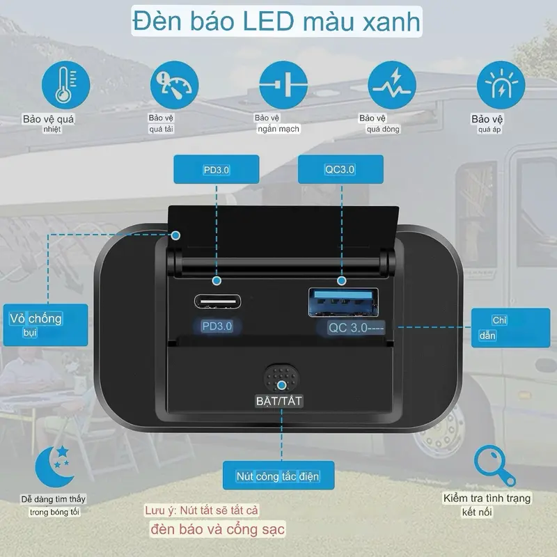 Tẩu sạc nhanh điện thoại iphone ipad máy tính bảng 2 cổng Usb QC3.0 và Pd3.0 có nắp đậy công tắc ON OFF sử dụng điện bình 12v-24v Phụ Kiện 4