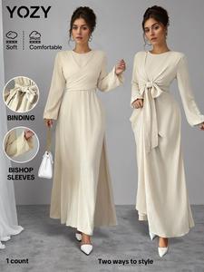 YOZY Women's Plain Tie Front Long Sleeve A Line Dress, Elegant Round Neck Bishop Dress for Party Holiday Wedding Guest, Ladies Clothes for All Seasons